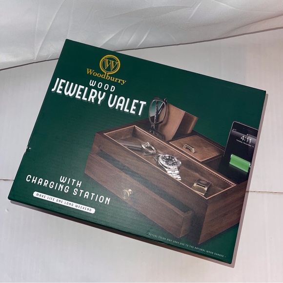 Elegant Woodbury Wood Jewelry Valet with Built-in Charging Station - Picture 2 of 5